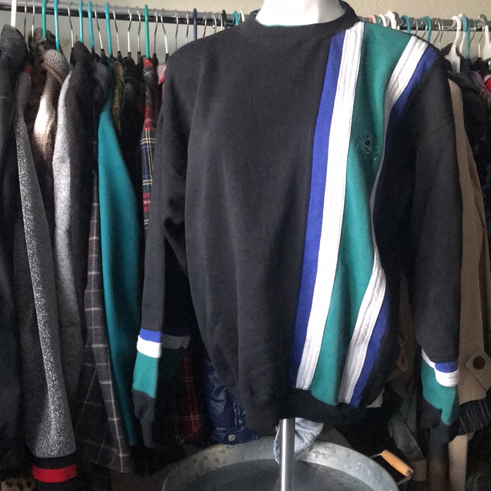 Vintage Cherokee Sport Colorblock Black and Green Stripe Detail Crewneck Sweater